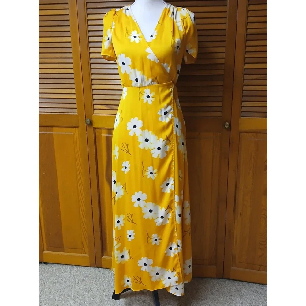 Madewell Yellow White Puff-Sleeve Ikat Floral Daisy Maxi Dress Size XS L3333